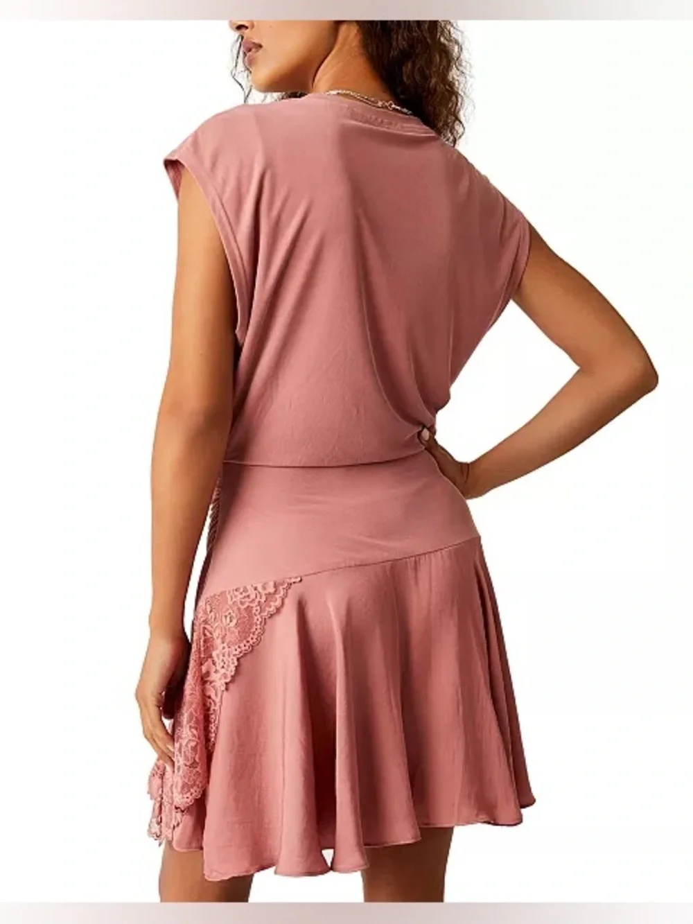 Free People Jazzy Mini Dress Rose Smoke Pink Lace Trim Boho Feminine Size XL - Picture 8 of 17